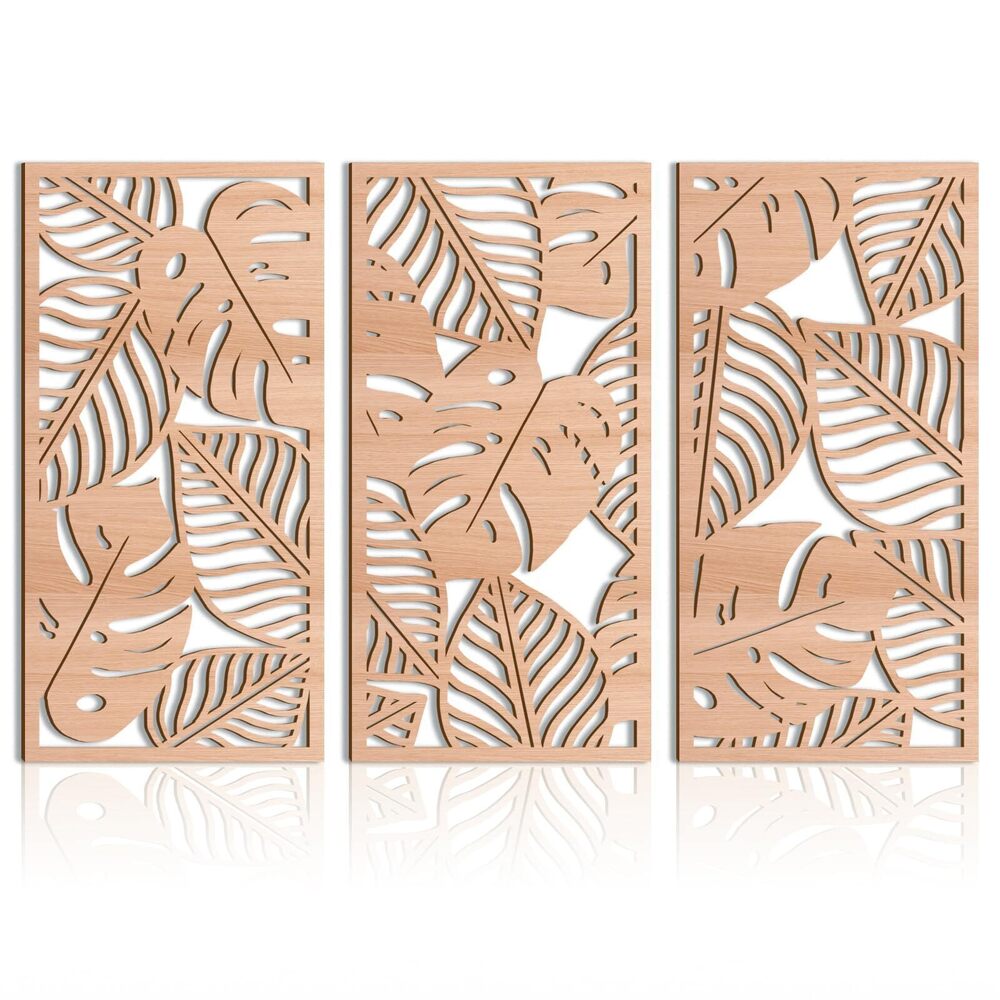 1714 Large Wood Tropical Wall Art 15.9X32 Inch Carved Palm Leaves Wall